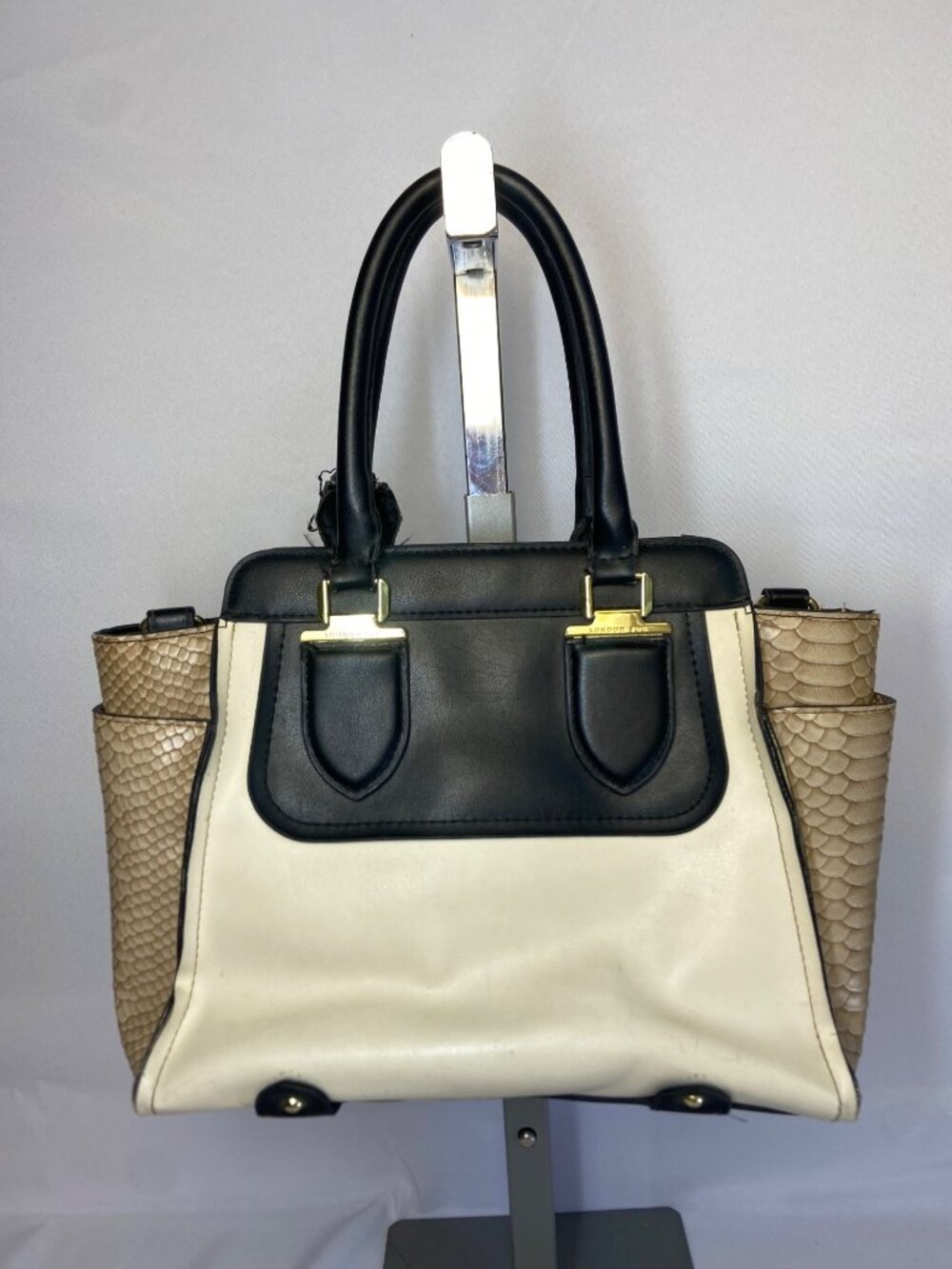 London Fog Vegan Satchel Handbag Tote Faux Leather Snakeskin Colorblock Office